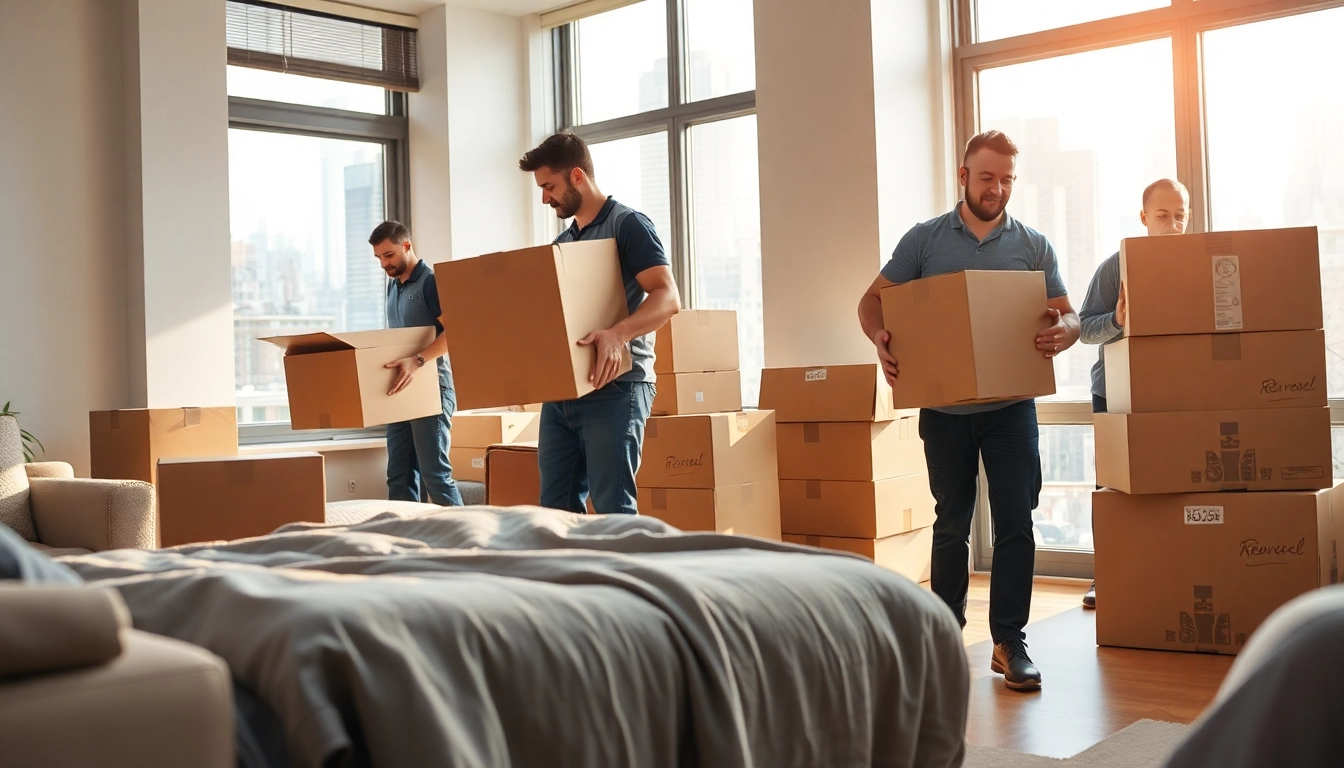 Residential movers NYC carefully organize furniture and boxes in an NYC apartment.