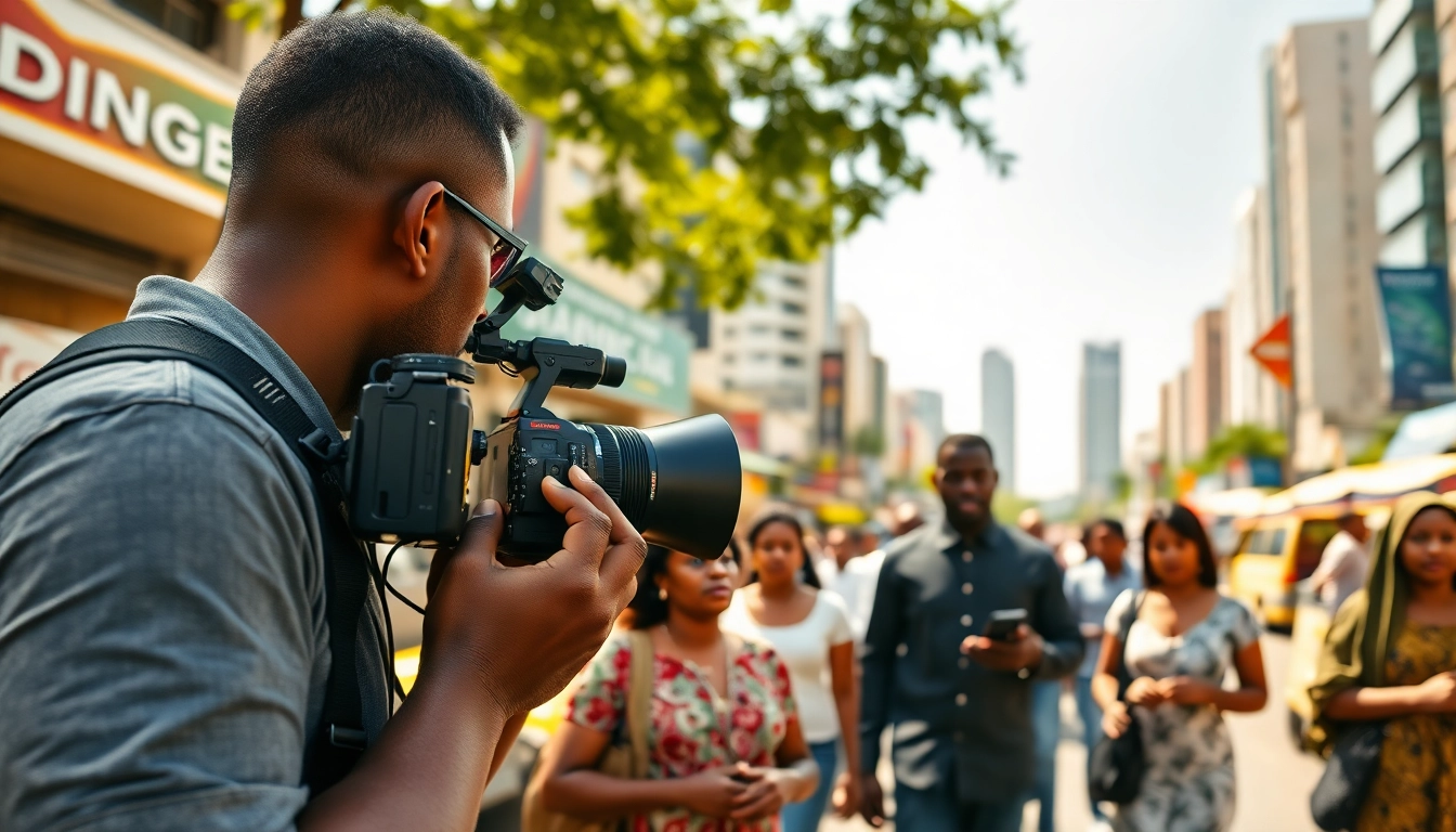 Capture a moment of Naija news coverage with journalists in an urban setting.