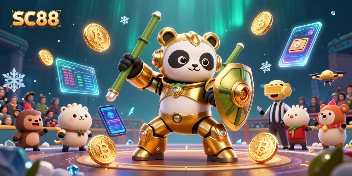 Experience SC88 in a vibrant 3D illustration featuring a panda robot, surrounded by crypto and casino elements.
