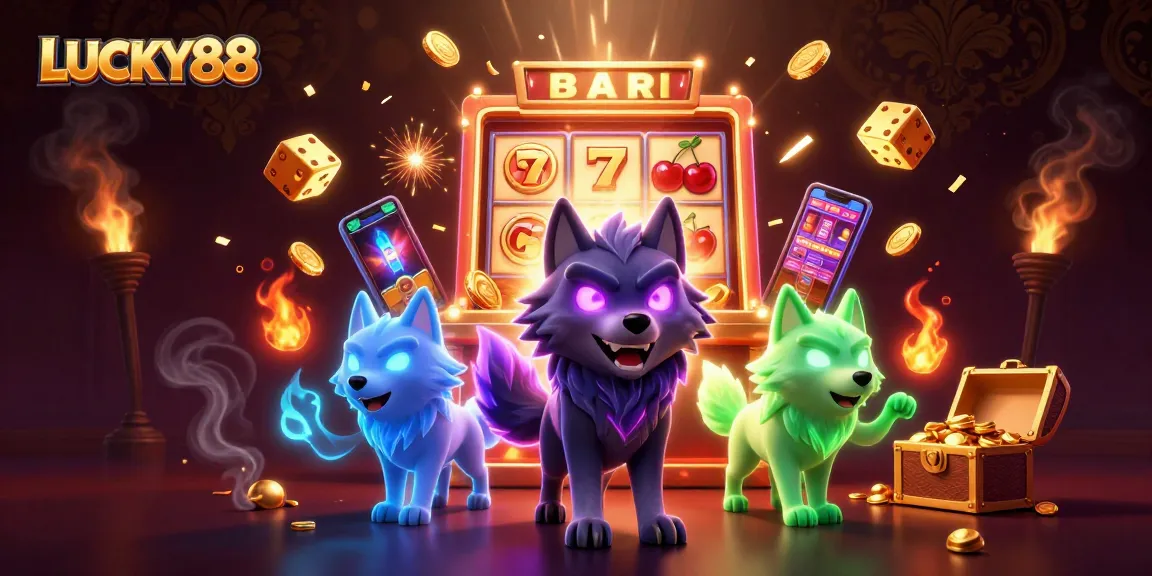 Engage with LUCKY88's thrilling casino adventures featuring dynamic slot machines and spectral wolf characters.