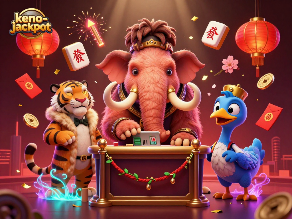 Engage with the thrilling world of keno-jackpot as a woolly mammoth bouncer checks IDs at a vibrant casino entrance.