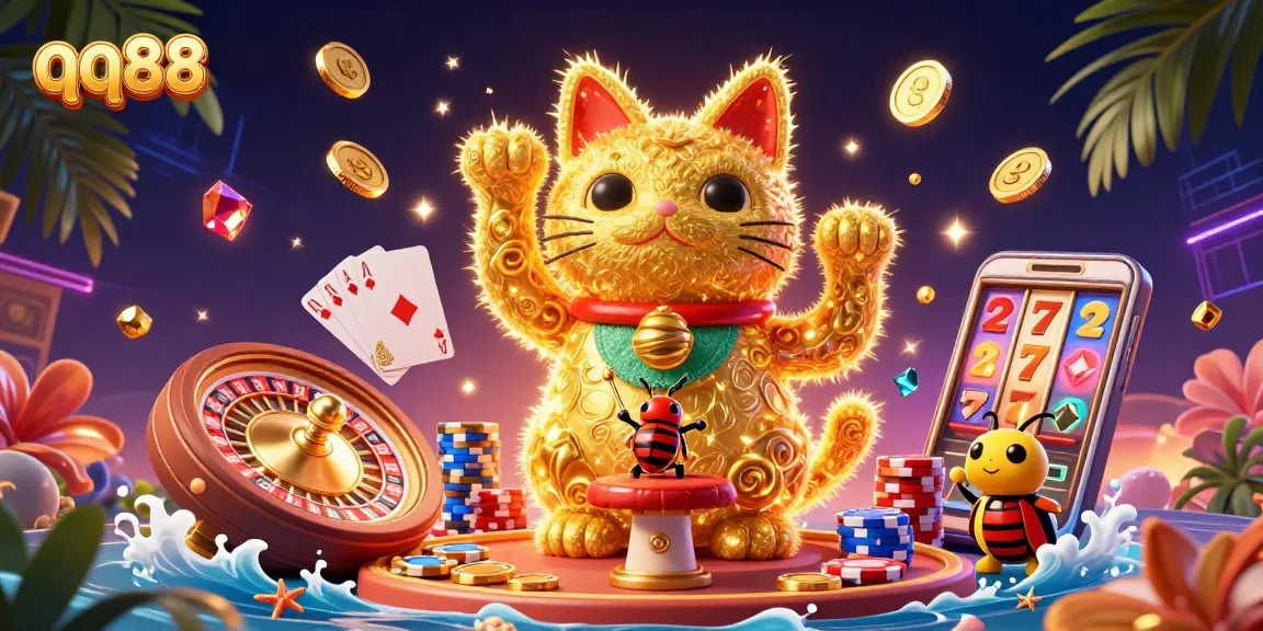 Engage with the vibrant world of qq88, showcasing a lucky cat and dynamic casino elements in stunning 3D.