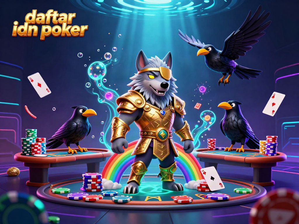 Engage in thrilling daftar idn poker action with a mythical wolf and ravens in a vibrant casino scene.