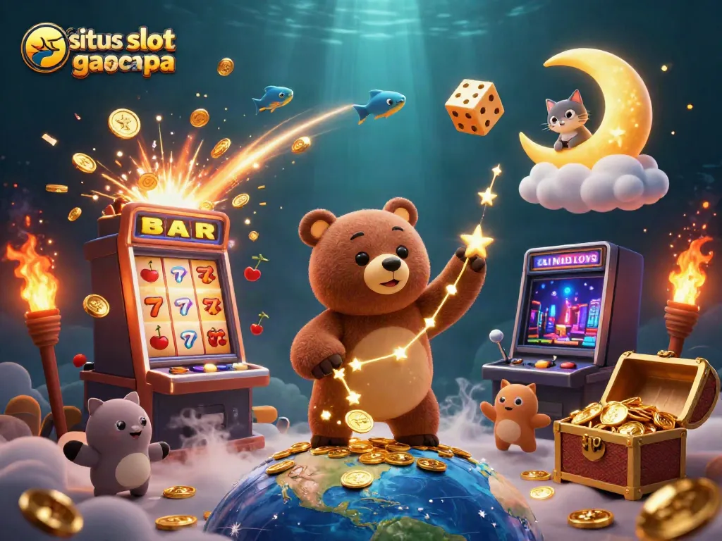 Splash into excitement with situs slot gacor terpercaya featuring a golden constellation bear among slot machines, coins, and light.