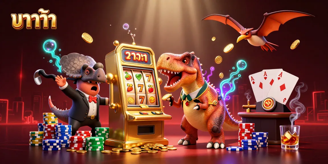 Experience the exhilaration of บาคาร่า as a pachycephalosaurus wins jackpot coins from a golden slot machine in this vibrant 3D illustration.