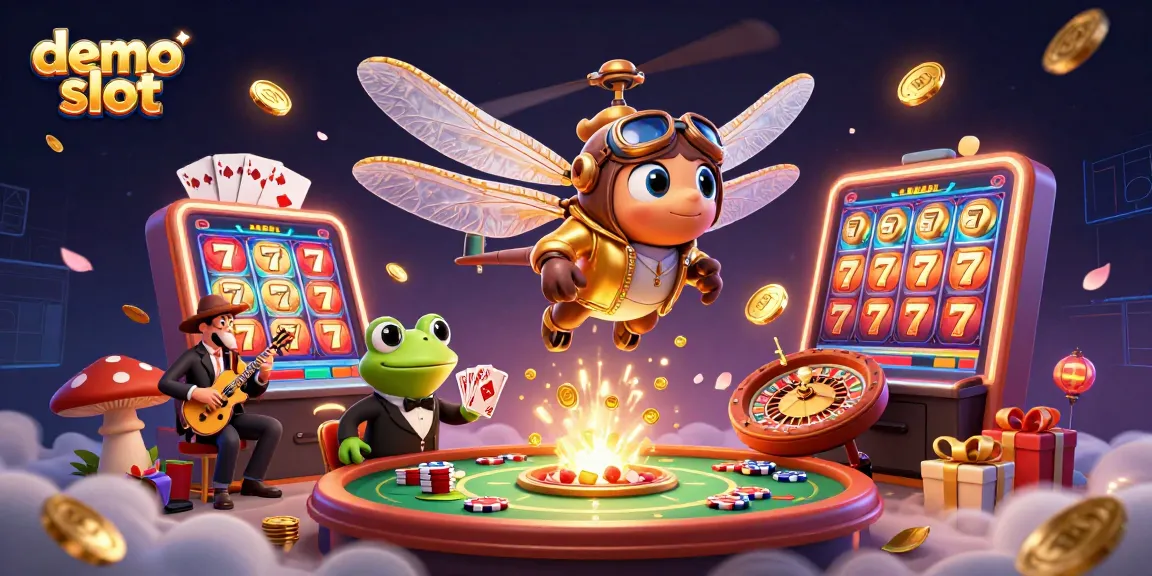 Experience thrilling demo slot games with vibrant characters and casino elements in this engaging illustration.