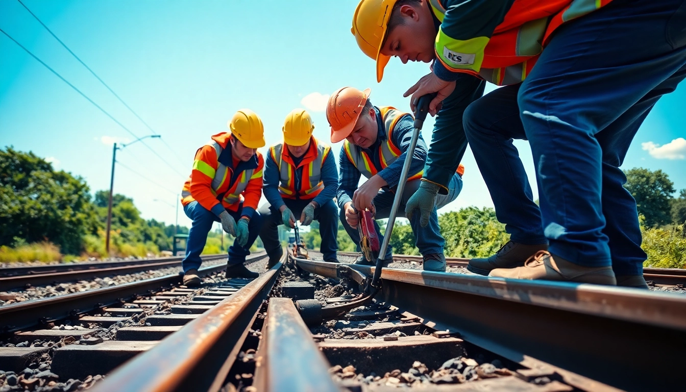 Technicians conducting Emergency RailroadRepair on damaged tracks with tools and safety gear.