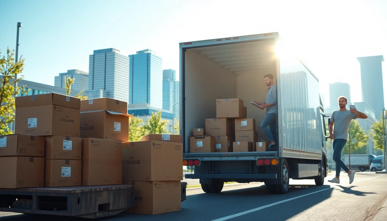 Efficient provincial moving & storage team organizing boxes with a modern truck in a vibrant urban setting.