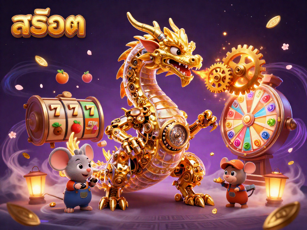 Experience the excitement of สล็อต with dynamic elements like slot reels and golden dragon.