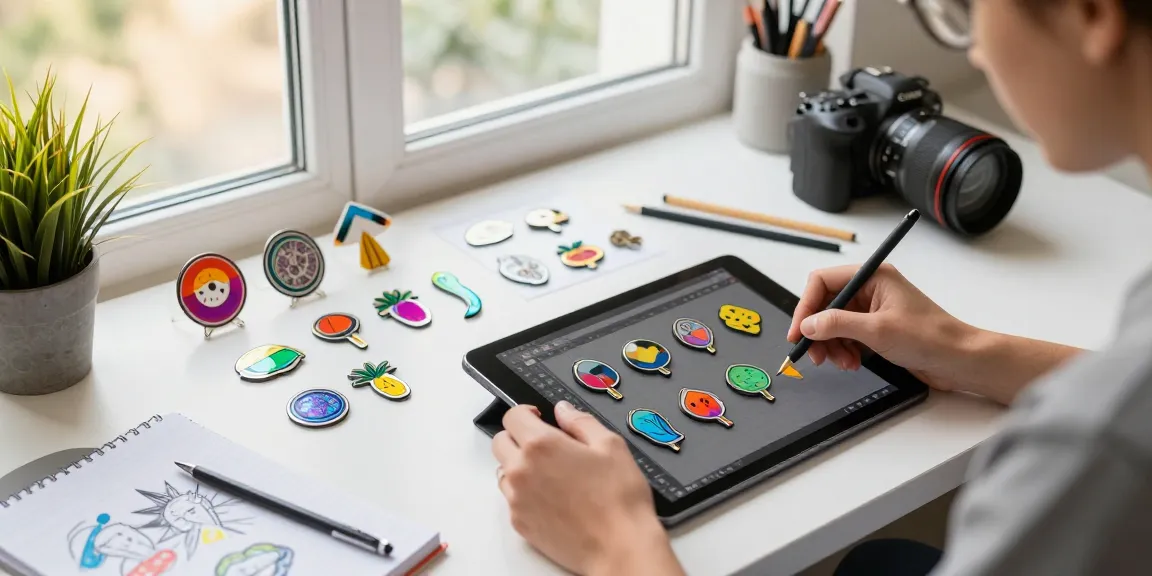 Custom acrylic pins designed at a creative workspace with vibrant samples and light.