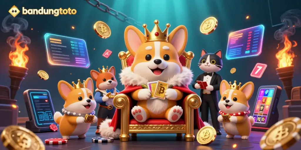 Engage with bandungtoto casino gaming in a vibrant 3D scene featuring a royal corgi on a poker chip throne.