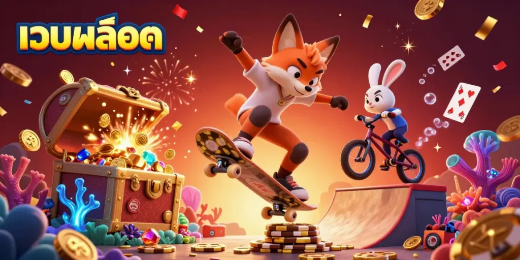 Experience thrilling gameplay with เว็บสล็อต in this vibrant 3D scene showcasing a fox doing tricks over golden poker chips.