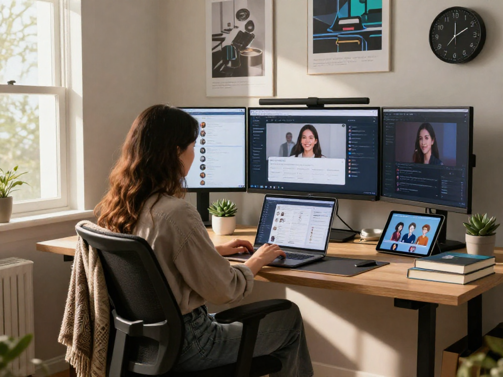 AI girlfriend application showcased in a modern tech workspace with laptop, tablet, and thoughtful decor.