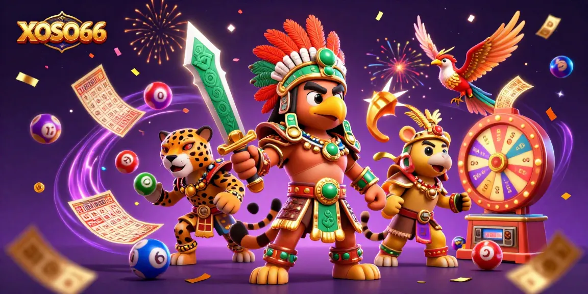 XOSO66 showcases vibrant gaming with lottery elements, warriors, and dynamic visuals.