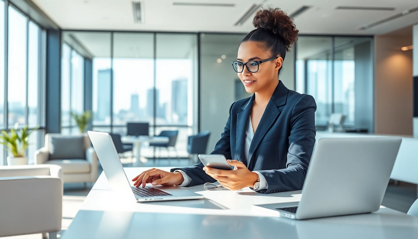 AI executive assistant free optimizing tasks for a business executive in a modern office.