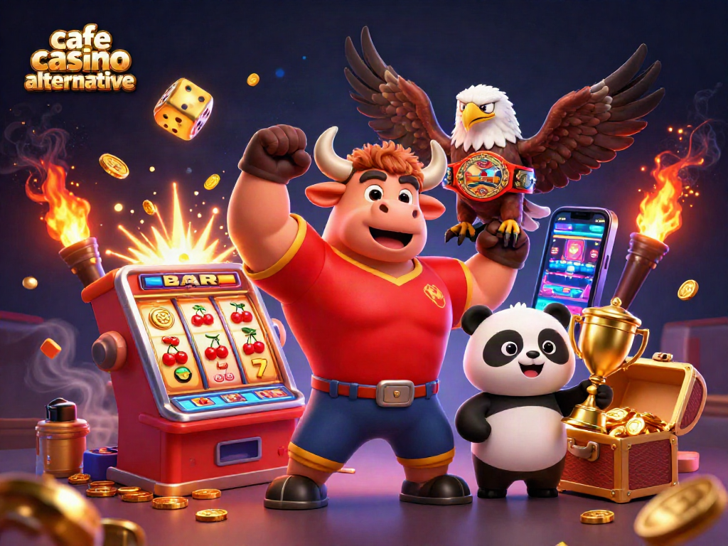 A dynamic scene showcasing a muscular bull and friends celebrating a cafe casino alternative with exciting gaming elements.