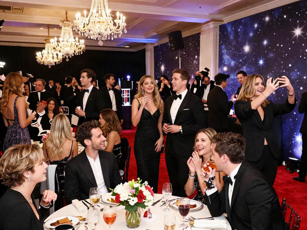 Gathering of celebrities that look alike at a glamorous Hollywood event, highlighting doppelganger interactions.