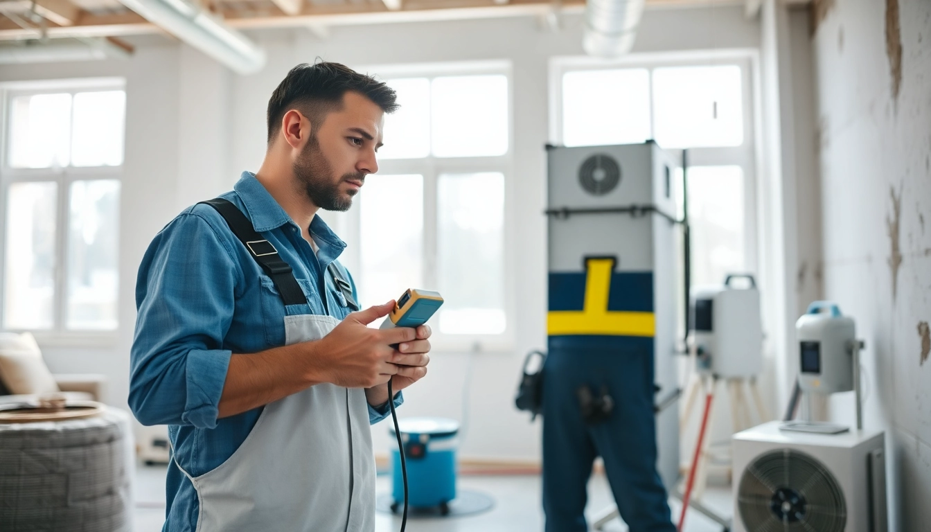 Water damage restoration team inspecting damages with professional equipment in a bright indoor setting.