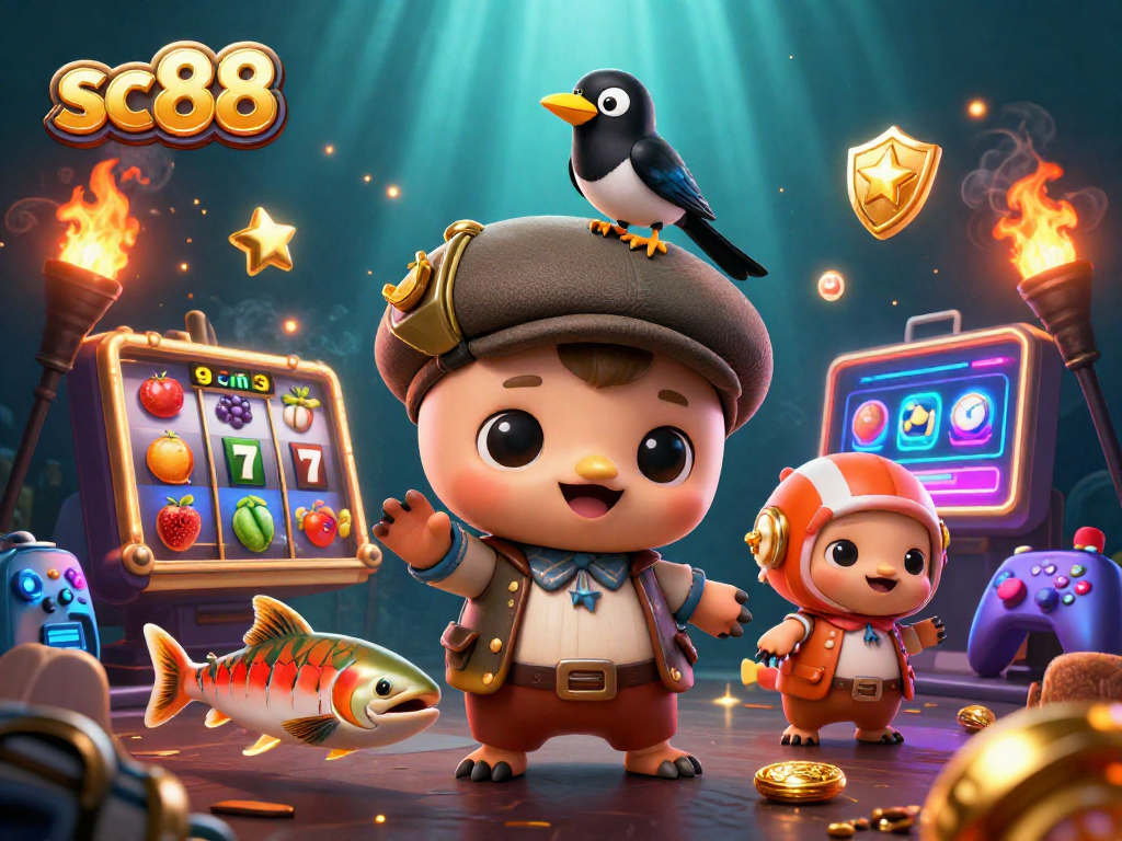 Spin and win with sc88 in this whimsical casino-themed illustration featuring playful characters.