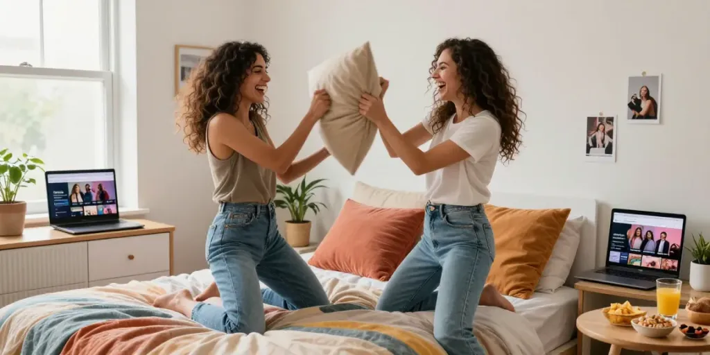 Women enjoying playful moment in bedroom with lesbian porn streaming on laptop.