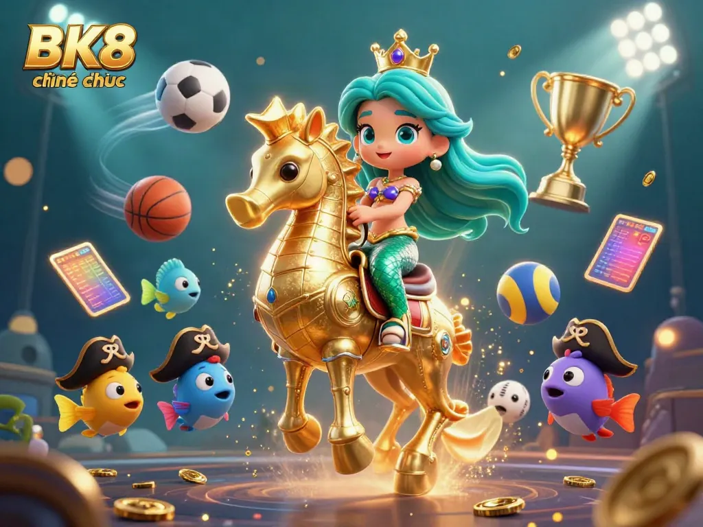 Experience the thrill of BK8 chính thức as a mermaid princess rides a gold-armored seahorse surrounded by sports elements.