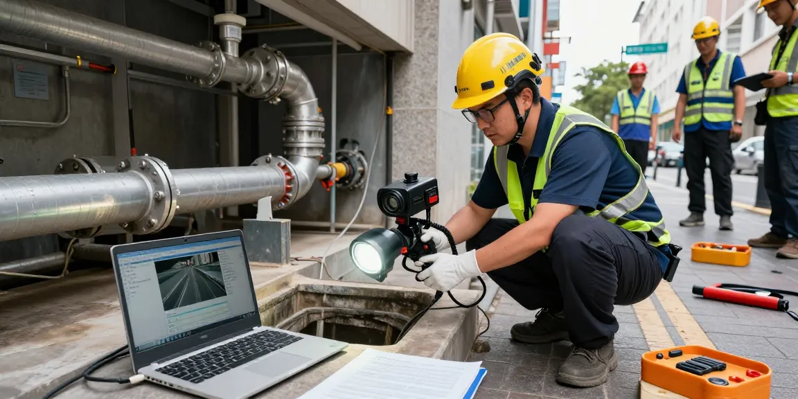 CCTV Drainage Surveys london Surrey technician inspecting sewer infrastructure using advanced equipment in urban setting