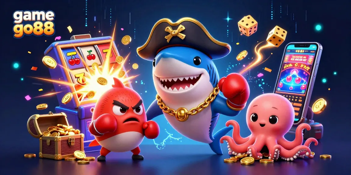 Experience game go88's vibrant world with a jubilant shark, pufferfish, and octopus in a dazzling casino scene.