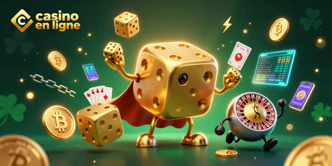 Le jeu dans un casino en ligne captivant, avec des dés dorés et des cryptomonnaies scintillantes.