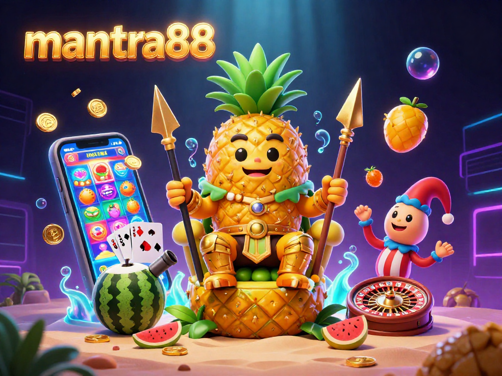 Experience the thrill of winning at mantra88 with an illustration featuring a pineapple king and vibrant casino elements, captivating for players.