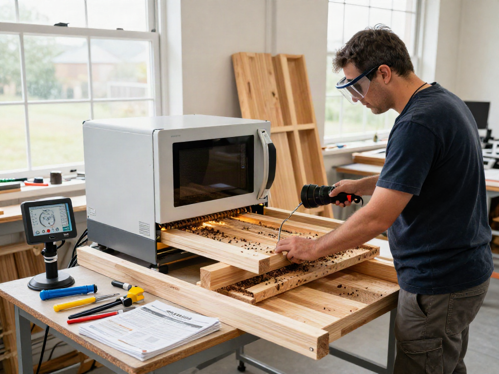 SHASHEL® microwave device in a workshop eliminating wood-boring pests.