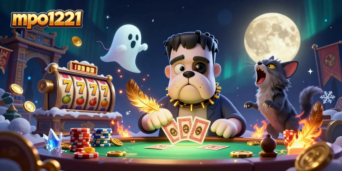 Engage at mpo1221 with a thrilling 3D casino scene featuring a bulldog monster dealing cards.
