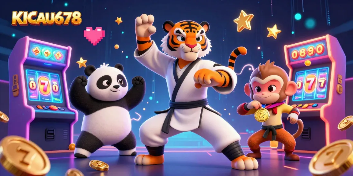 KICAU678 delivers a vibrant casino scene with a kung fu tiger, panda disciple, and monkey student amidst slot reels and golden coins.
