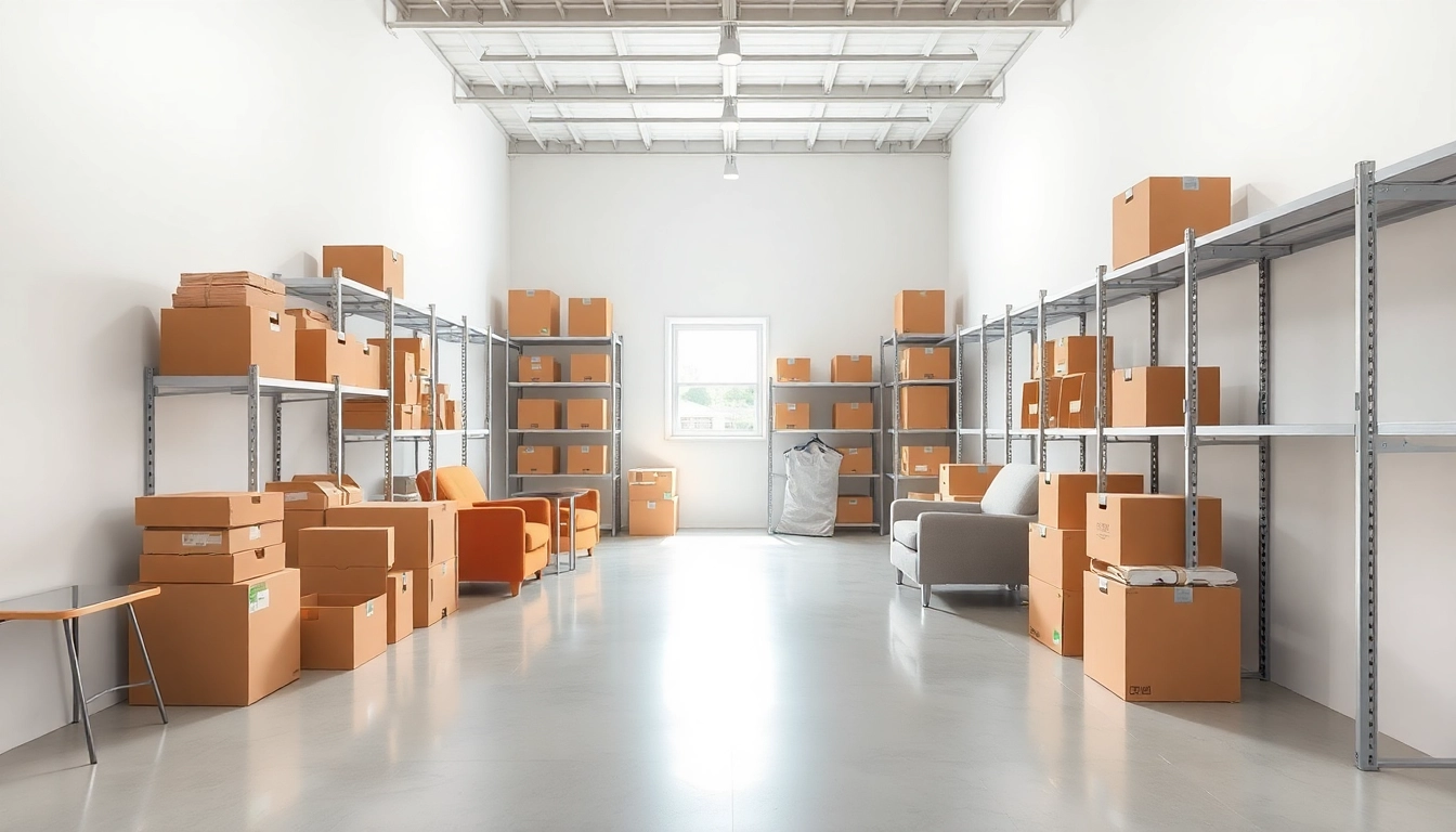 Self storage units filled with organized boxes and furniture in a well-lit space.