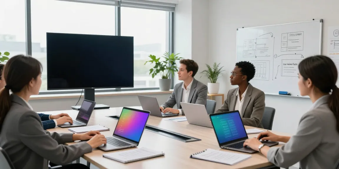 Team discussing my review here in a bright, modern office setting