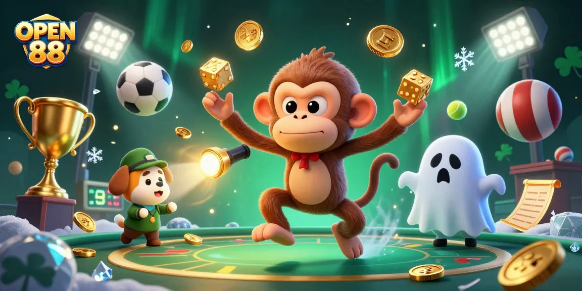 Engage with OPEN 88 in a vibrant casino scene filled with dynamic gaming elements.