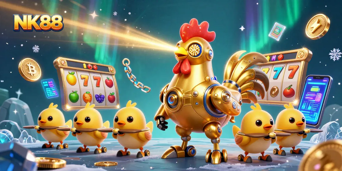 Join the fun at NK88 with vibrant slot reels and golden rooster robot engaging in gameplay.