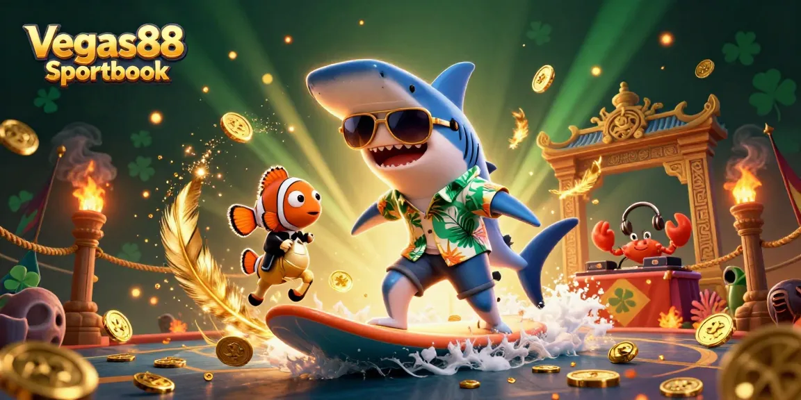 Surf the waves of winnings with Vegas88 Sportbook, featuring dynamic casino-themed characters.