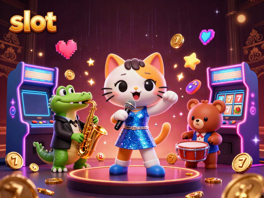 Engage with the vibrant slot scene featuring the jazz-singer cat, saxophone crocodile, and drum bear.