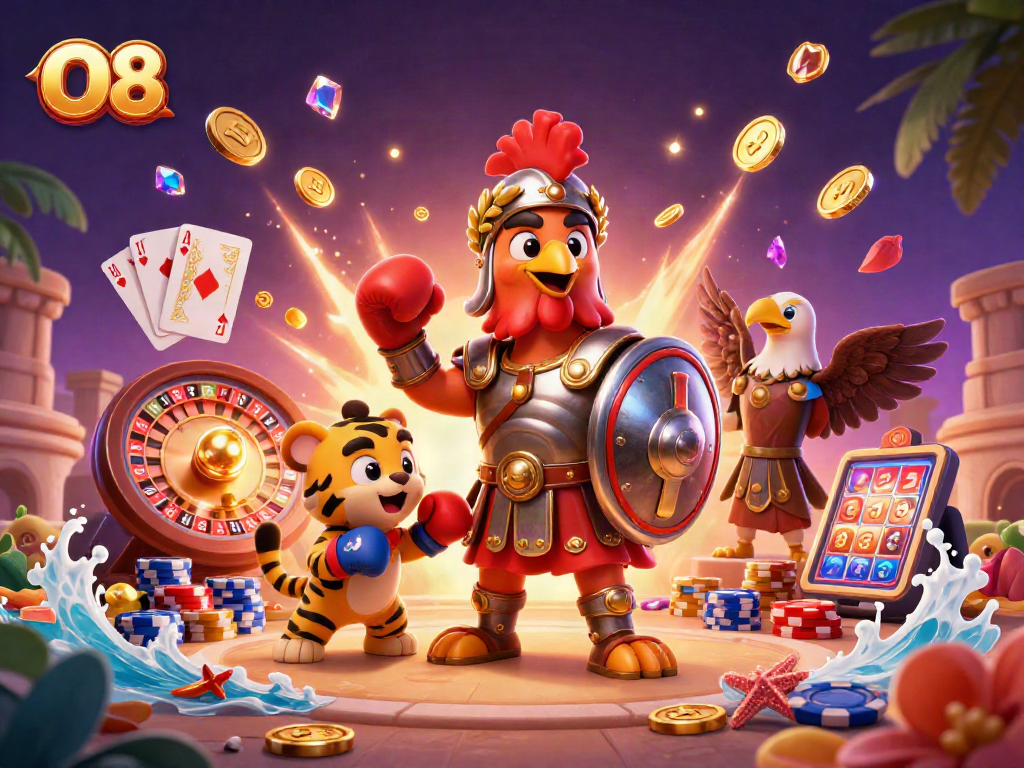 Win big with O8 at a vibrant casino scene filled with dynamic game elements.