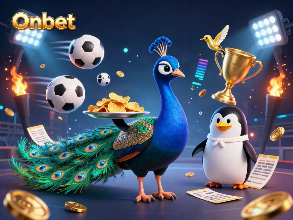 Engage with Onbet's vibrant 3D scene featuring an aristocratic peacock, betting dynamics, and golden elements in the mix.