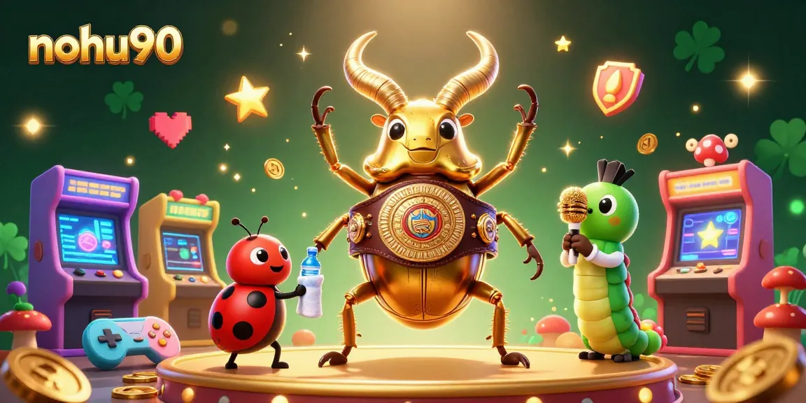 Nohu90 captivates players with vibrant 3D illustration featuring a giant golden beetle champion.