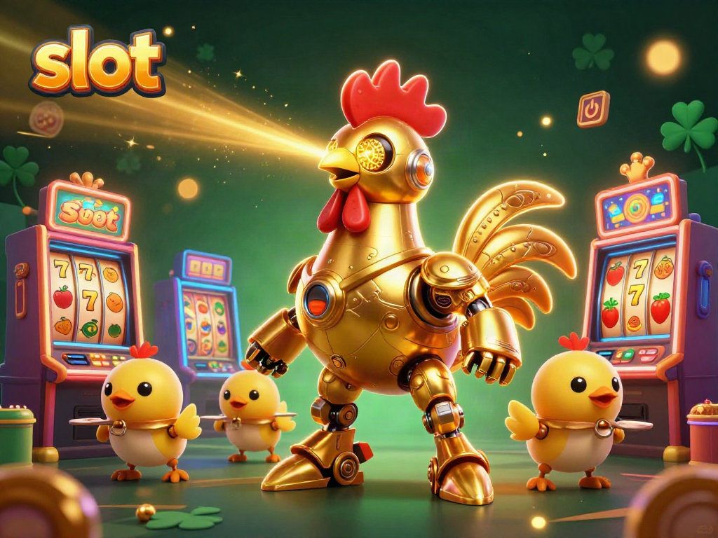 Experience exhilarating slot action with a golden rooster robot amidst dazzling slots and neon lights.
