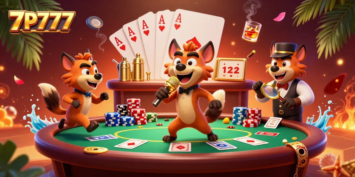 7P777 showcases a lively 3D comedy casino with hyenas engaging in poker and bartending.