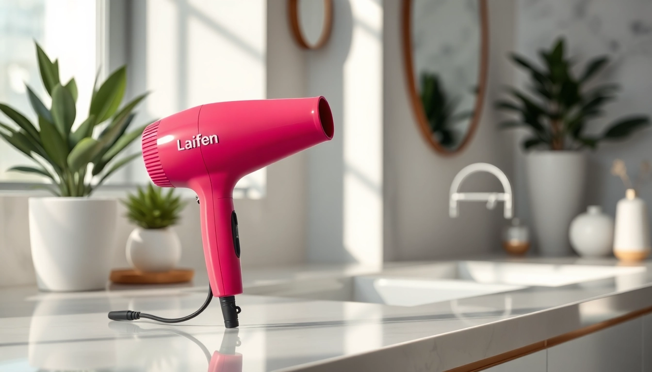 Showcase the Laifen US hair dryer on a sleek bathroom countertop to highlight elegance.