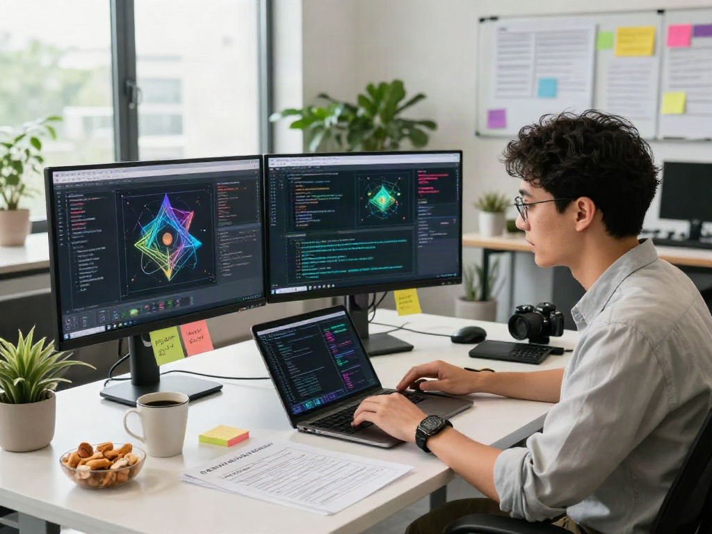 AI Detection analysis in a modern workspace with dual monitors and collaborative environment.