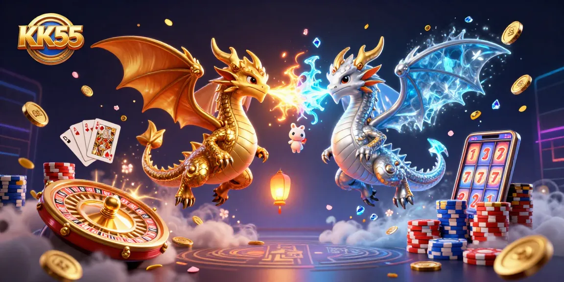 Join the KK55 adventure with dynamic dragons and casino elements in a vibrant 3D illustration.