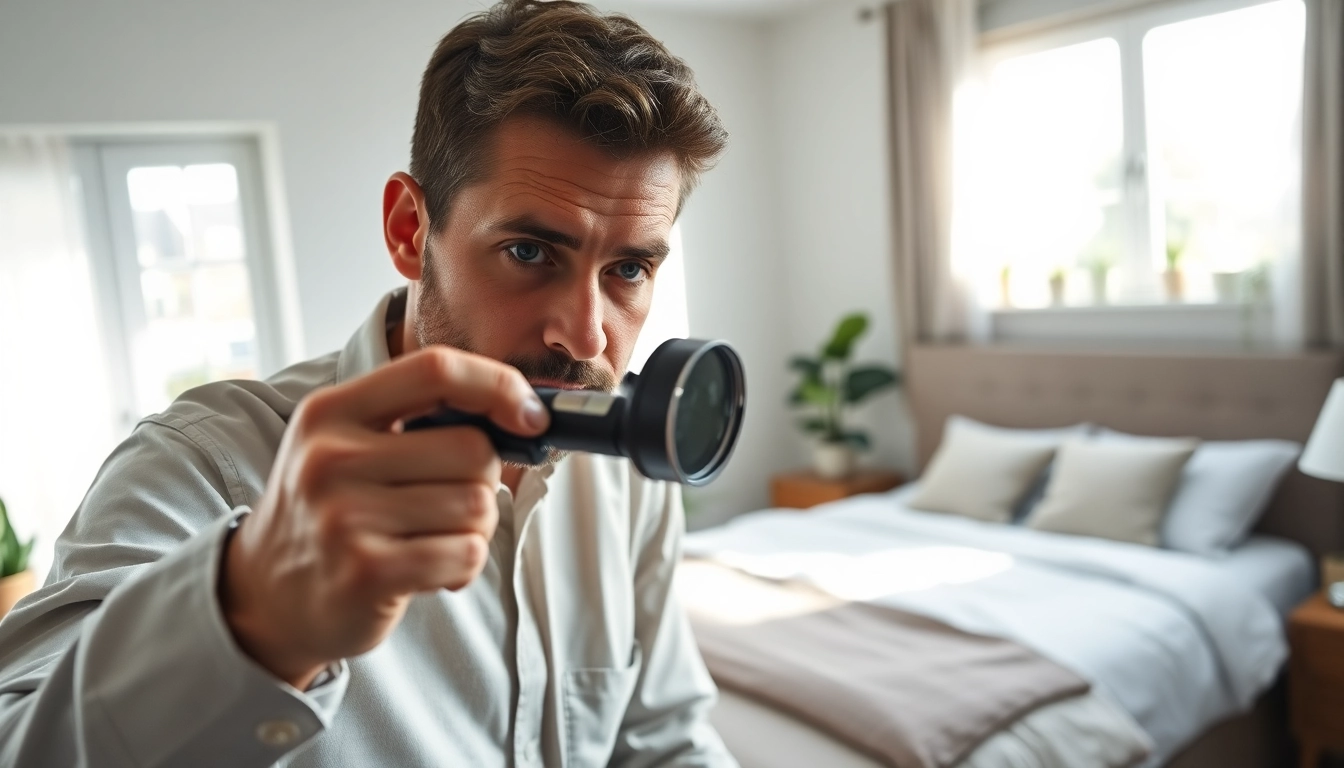 Conducting bed bug pest control inspection in a well-organized bedroom with natural lighting.