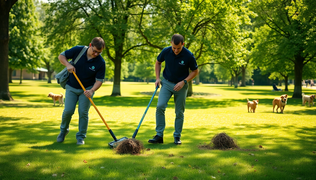 Pooper scooper company team actively cleaning a park, showcasing professionalism and efficiency.