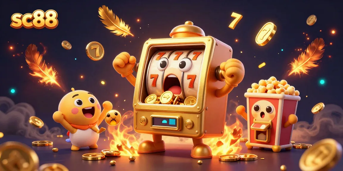 Spinning sc88 slot machine hits a jackpot with coins flying, surrounded by cheering slot machines.