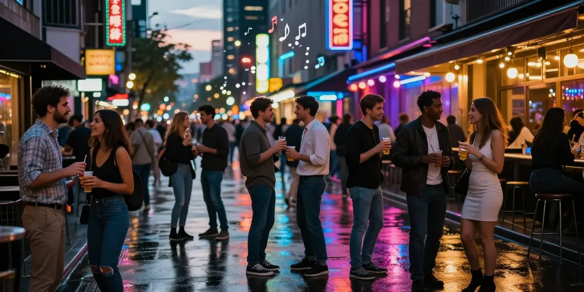 Vibrant urban nightlife showcasing popular 유흥사이트 and entertainment venues, lively social scene under neon lights.